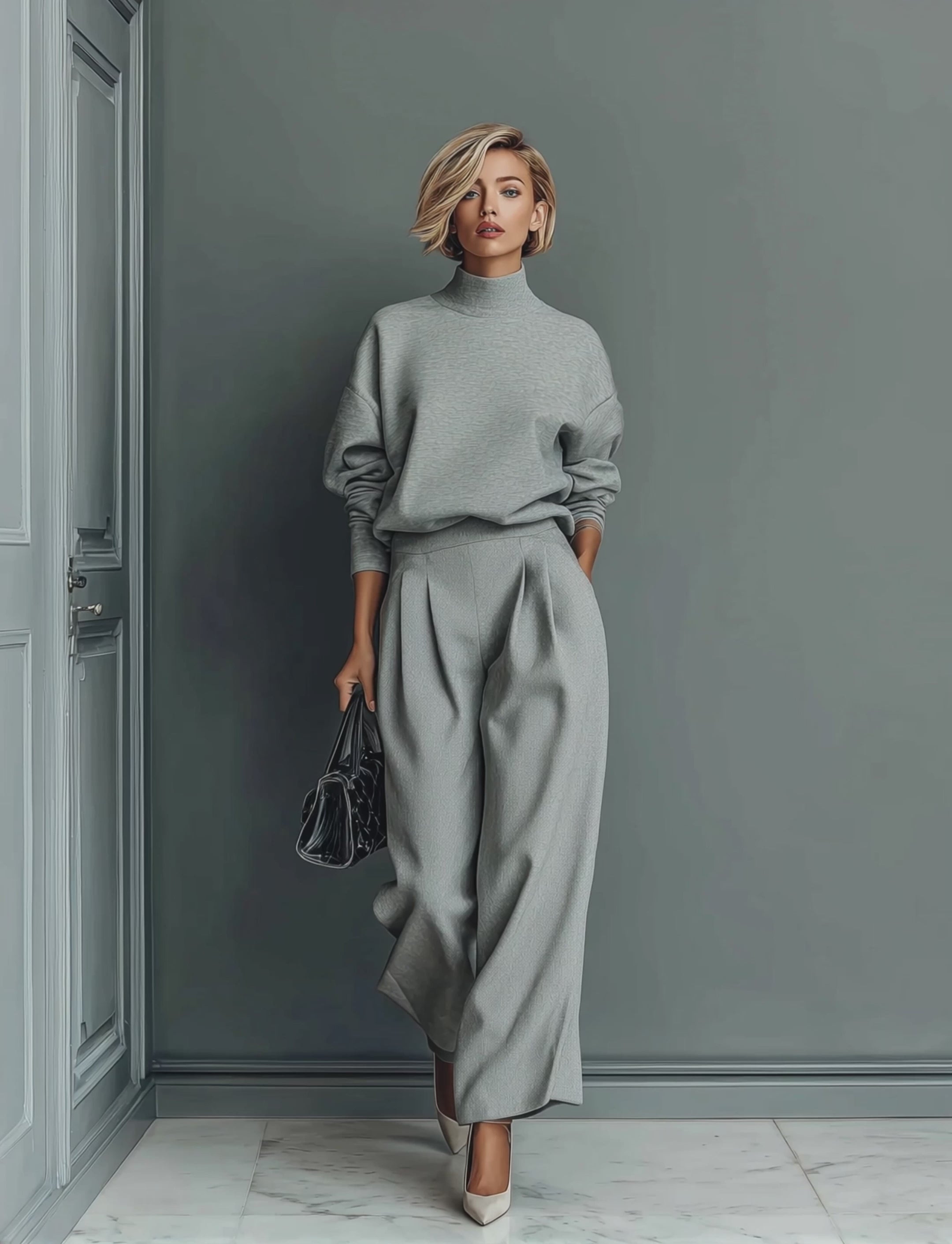Women's Grey Blended Sweatshirt Wide-Leg Pants Set MDA1603H6T